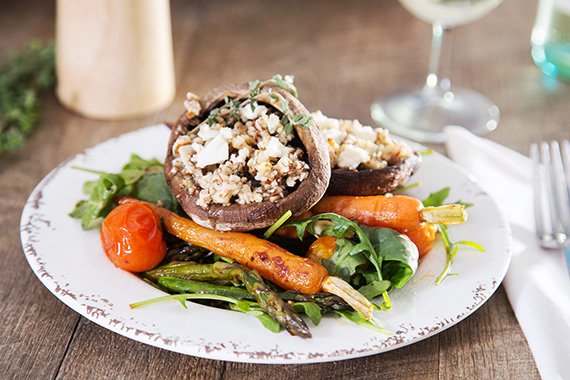 Almond & Thyme Crusted Mushrooms with Tray Roasted Veg & Fetta