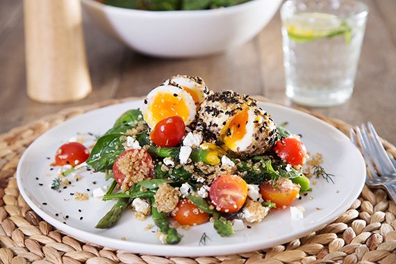 Dukkah Crusted Free Range Eggs with Quinoa, Asparagus, Fetta & Dill ...