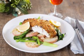 Miso Ginger-Crusted Fish Fillets with Chinese Broccoli and Potatoes