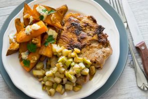 Pork Chops with Apple Mostarda, Roasted Sweet Potato and Walnut & Blue Cheese Salad