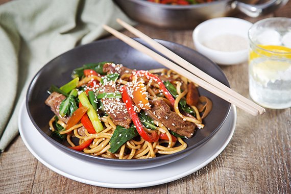 Teriyaki Beef with Udon Noodles, Veg & Sesame Seeds