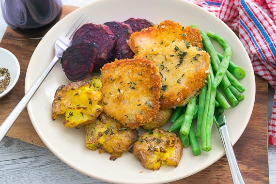 Thyme Crusted Pork Schnitzel with Smashed Potatoes, Beets & Green Beans