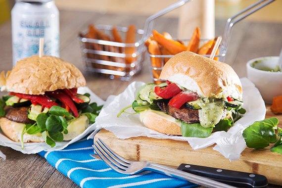 Ultimate Portobello Mushroom Burger  with Pesto, Fire Roasted Capsicum & Sweet Potato Fries