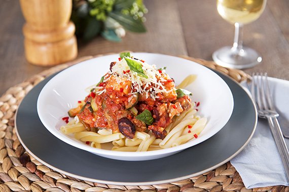 Eggplant Ragu with Olives, Basil & Shredded Parmesan over Casarecce Pasta