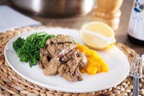 Jamie Oliver's Beef Stroganoff with Pumpkin Mash & Greens