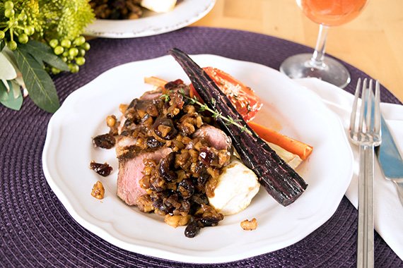 Scotch Fillet with Purple Carrots, Walnuts & Cranberry Buerre Noisette