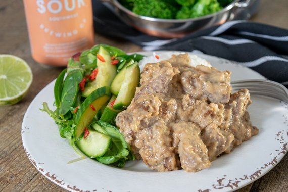 Coconut Satay Beef with Fluffy Rice, Broccoli & Cucumber Salad