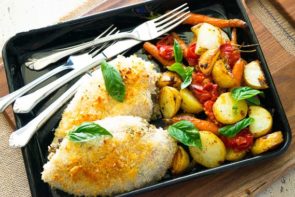 Creamy Pesto Chicken with Roasted Tomatoes, Potatoes & Baby Carrots