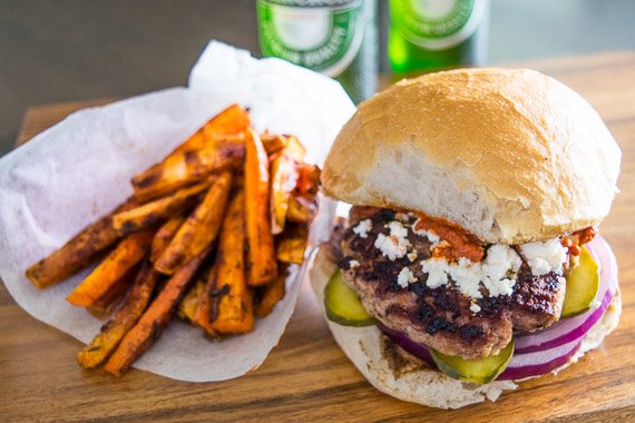 Mediterranean Lamb Burger with Harissa Fetta & Roasted Carrot Fries