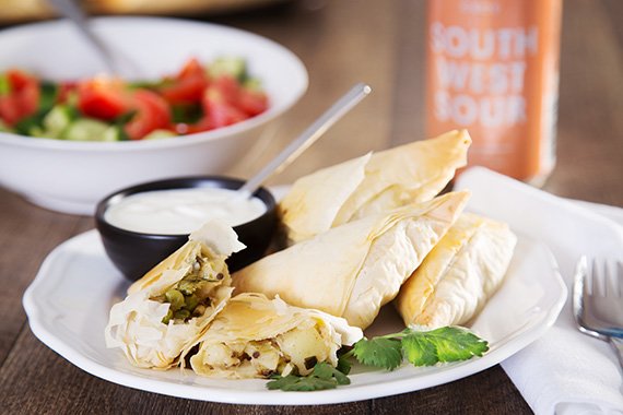 Potato & Pea Filo Samosa with Salad and Yoghurt