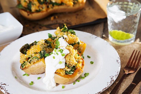 Roasted Pumpkin with Quinoa, Spinach Fetta & Toasted Walnuts