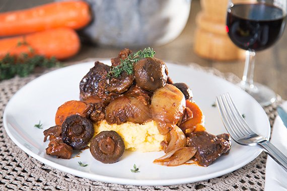Slow Cooked Beef Bourguignon with Minute Polenta