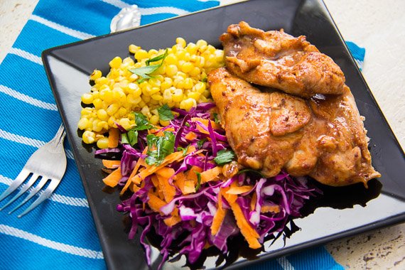 BBQ Chicken Thighs with Coleslaw & Buttery Sautéed Corn