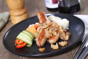 Locally Made Pork & Fennel Sausages with Cauliflower Puree, Apple & Veggie Parcels