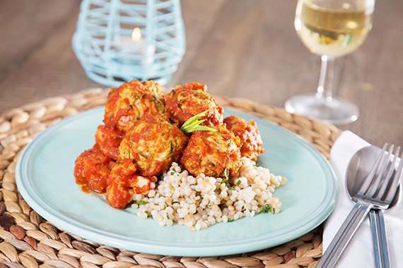 Moroccan Chicken Meatballs with Mint Couscous, Tomato & Cauliflower