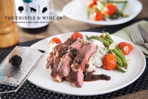 Scotch Fillet with Black Truffle Mash, Almond Beans & Green Peppercorn Sauce