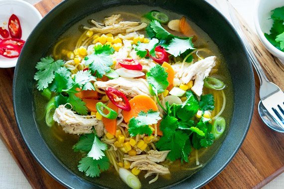 Shredded Chicken & Corn Noodle Soup, Loaded with Healthy Veg