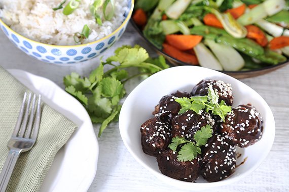 Beef Meatballs with Chinese Five Spice, Stir Fried Vegetables & Jasmine Rice