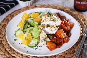 Fetta Crumbed Chicken with Potato Bravas, Cucumber & Orange Salad