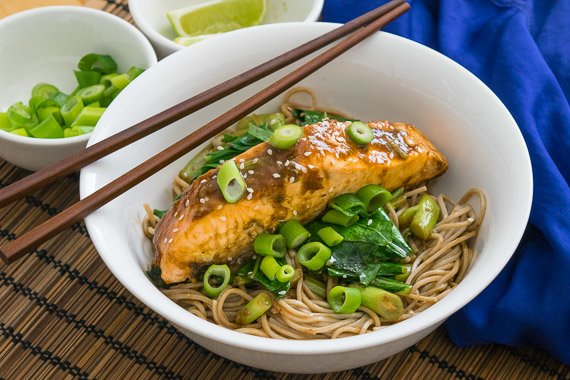 Ginger & Soy Glazed Salmon with Choy Sum & Soba Noodles