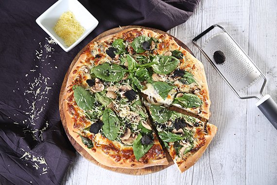 Pizza with Black Truffle Béchamel with Baby Spinach & Mushroom