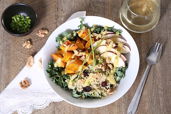 Roasted Pumpkin Quinoa Bowl with Apple, Walnuts & Dijon Vinaigrette