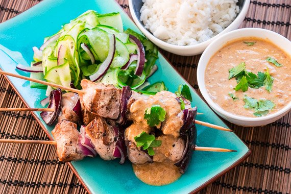 Satay Chicken with Delicious Peanut Sauce & Fresh Cucumber Salad