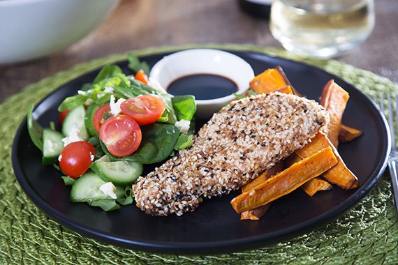 Dukkah Crumbed Fish with Sweet Potato Wedges & Salad