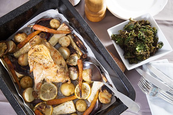 Roast Chicken Dinner, Seasonal Vegetables and Kale Chips
