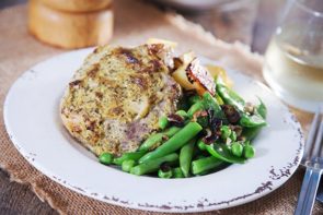 Roasted Mustard Pork & Golden Potatoes with Pea & Green Bean Salad and Crispy Shallots