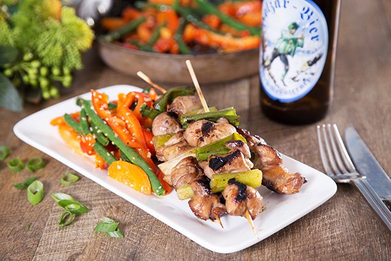 Yakitori Chicken Skewers with Ginger & Garlic Stir Fried Vegetables