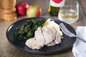 Crumbed Pork with Fennel, Potato & Apple Mash & Kale Chips