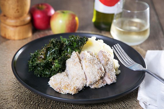 Crumbed Pork with Fennel, Potato & Apple Mash & Kale Chips