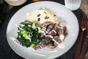 Dukkah Spiced Beef  with Couscous, Greens & Tahini Dressing