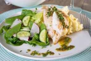 Fish with Lemon & Chive Butter Sauce, Garlic Mash and Crisp Side Salad