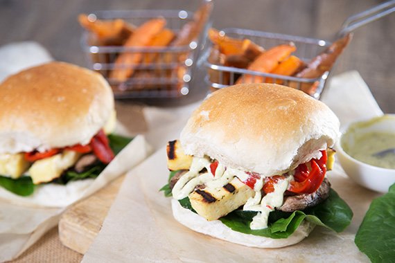 Haloumi Burger with Mushroom, Pesto & Sweet Potato Wedges