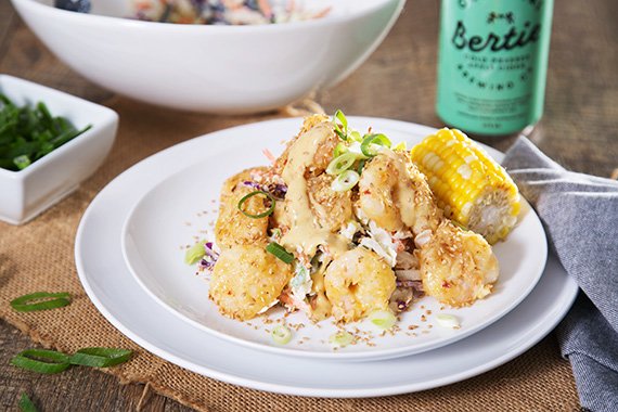 Kickin’ Prawns Inspired by Tony Romas with Oven Roasted Corn & ready to go Coleslaw