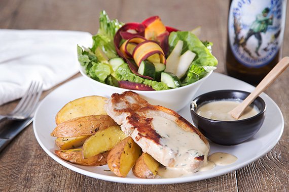 Pork with Creamy Tarragon Sauce, Potato Wedges & Crisp Salad