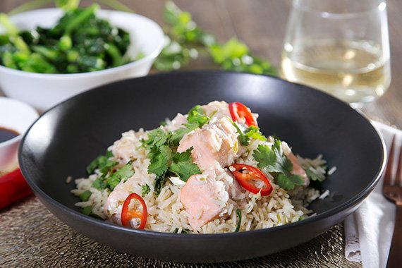 Steamed Salmon & Lemongrass Pilaf with Chinese Broccoli & Sesame Seeds