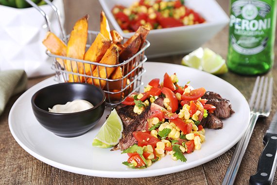 Tex Mex Scotch Fillet Thickcut Steak with Sweet Corn Salsa, Sweet Potato Wedges & Aioli