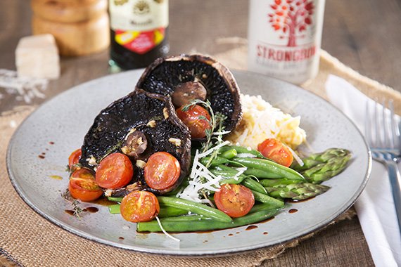 Creamy Polenta with Balsamic Mushrooms Green Beans and Asparagus