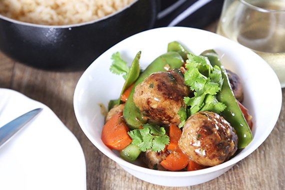 Glazed Mini Pork Meatballs & Snow Peas over Brown Rice