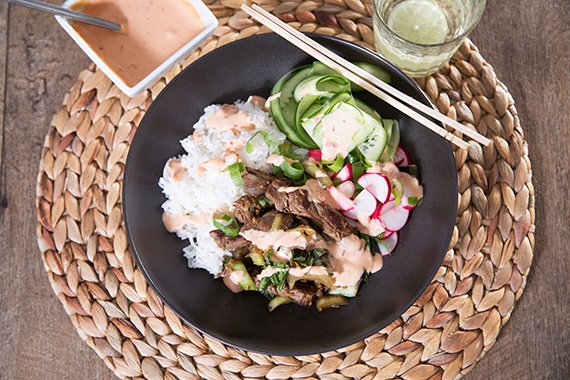 Korean Beef Bowl with Gochujang Mayo, Radish & Cucumber