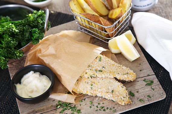 Oven Baked Fish and Chips with a Parmesan Crumb, Veg & Tartare Sauce