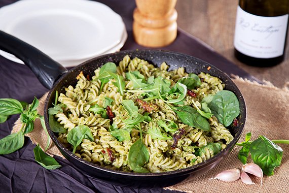 Pea & Basil Pesto Pasta with Pine Nuts, Parmesan, Sundried Tomatoes & Rocket