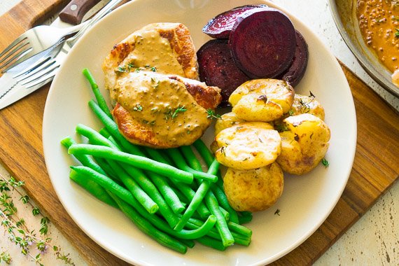 Pork Steaks in Mustard Cream Sauce with Veg & Smashed Potatoes