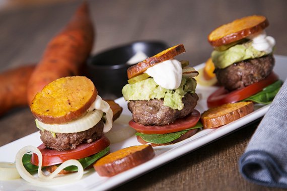 Bun Free Mini Beef Sliders with Sweet Potato, Onion & Avocado