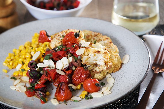 Cauliflower Steaks with Capsicum, Corn & Olive Salsa, Almonds & Capers