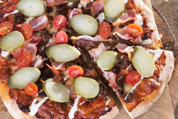 Cheeseburger Pizza with Pickles, Cherry Tomatoes & Mayo