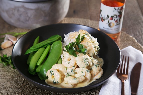 Creamy Garlic Prawns with Jasmine Rice & Fresh Peas